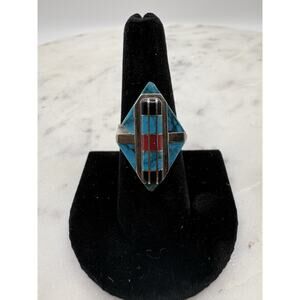 Native American Coral Turquoise Onyx Chip Inlay Ring Southwestern As is